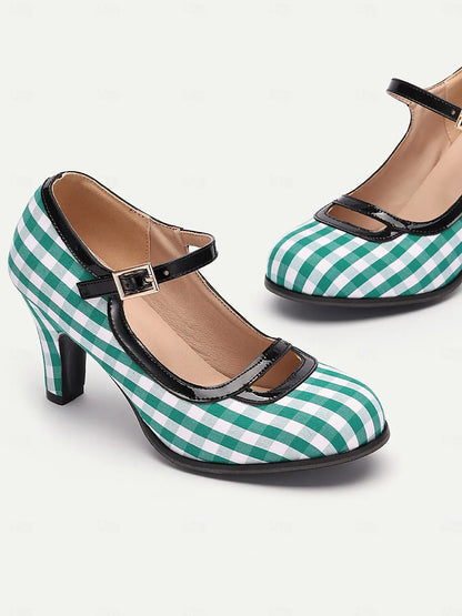 Women's Green Gingham Mary Jane High Heels with Buckle Strap, Retro Style for Vintage-Inspired Outfits and Costume Parties