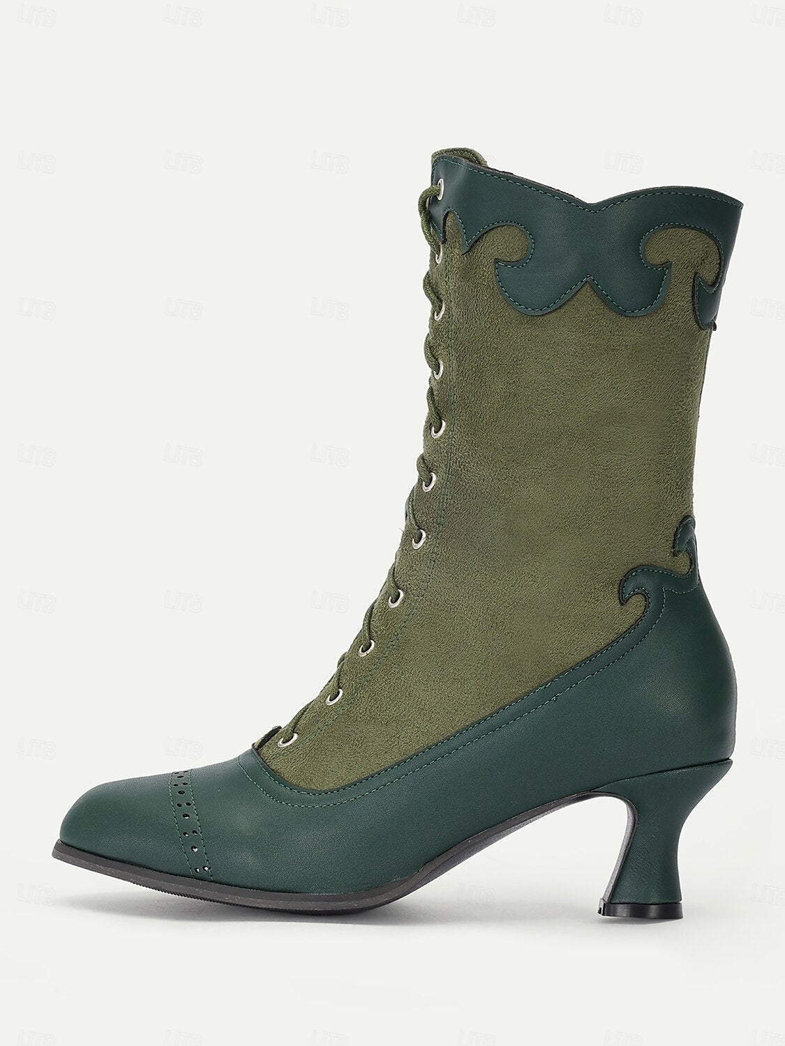 Women's Victorian Vintage Green Lace-Up Boots with Scalloped Trim and Brogue Detailing