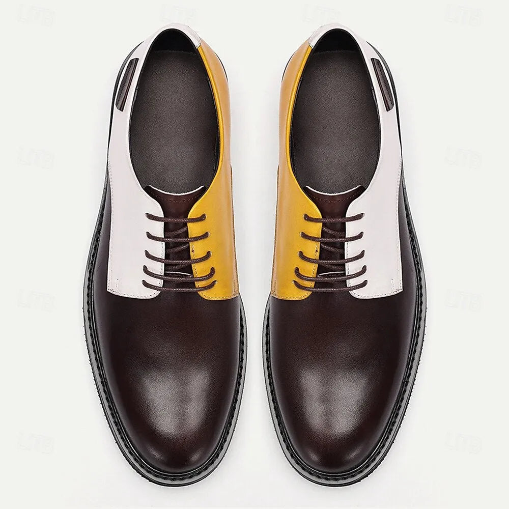 Men's Tri-Color Leather Oxford Shoes, Brown, White, and Yellow Lace-Up Dress Shoes, Perfect for Formal Events and Stylish Business Attire