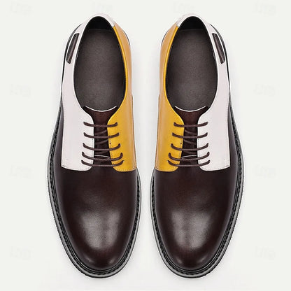 Men's Tri-Color Leather Oxford Shoes, Brown, White, and Yellow Lace-Up Dress Shoes, Perfect for Formal Events and Stylish Business Attire