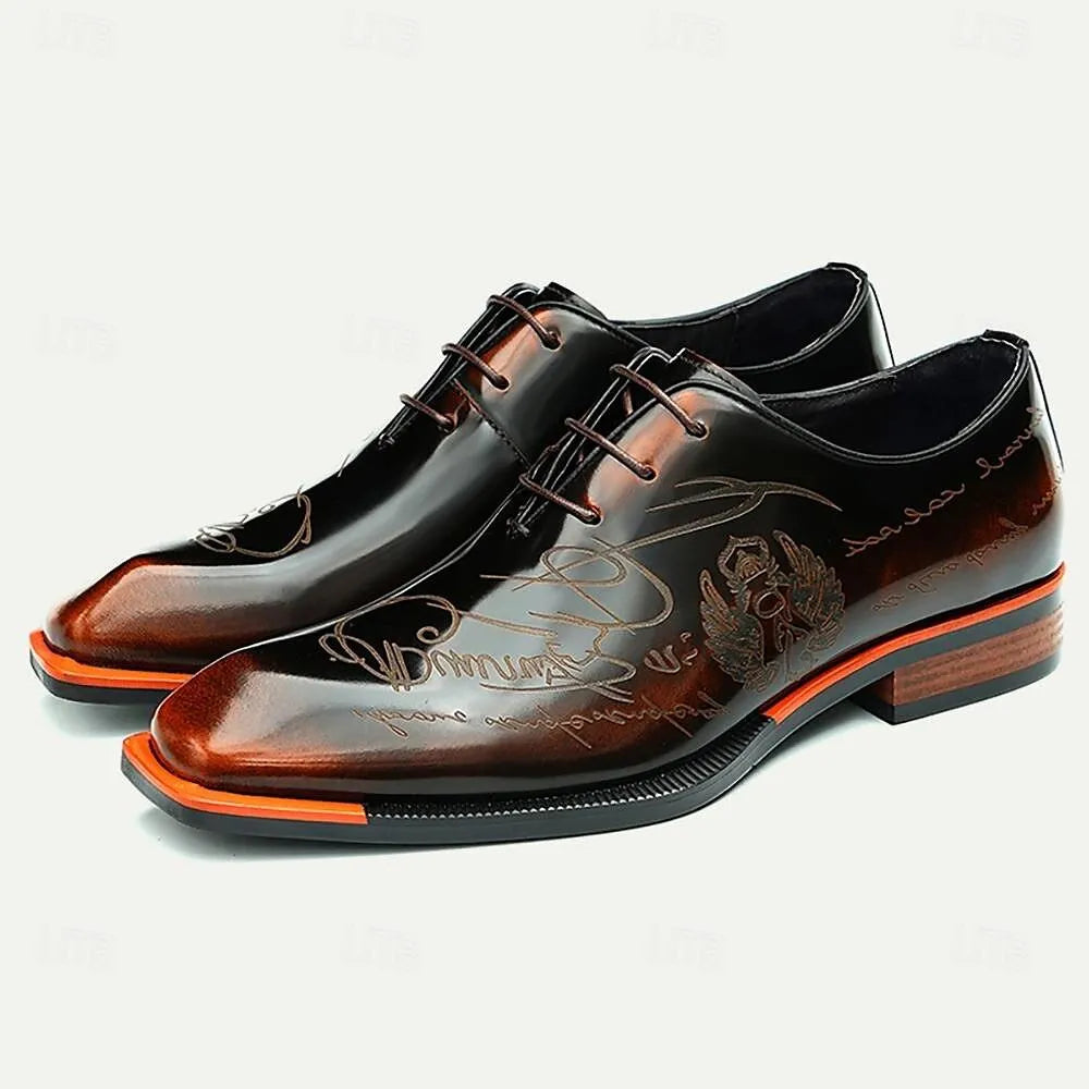 Men's Glossy Black Leather Oxford Shoes with Engraved Detail - Tokiyos