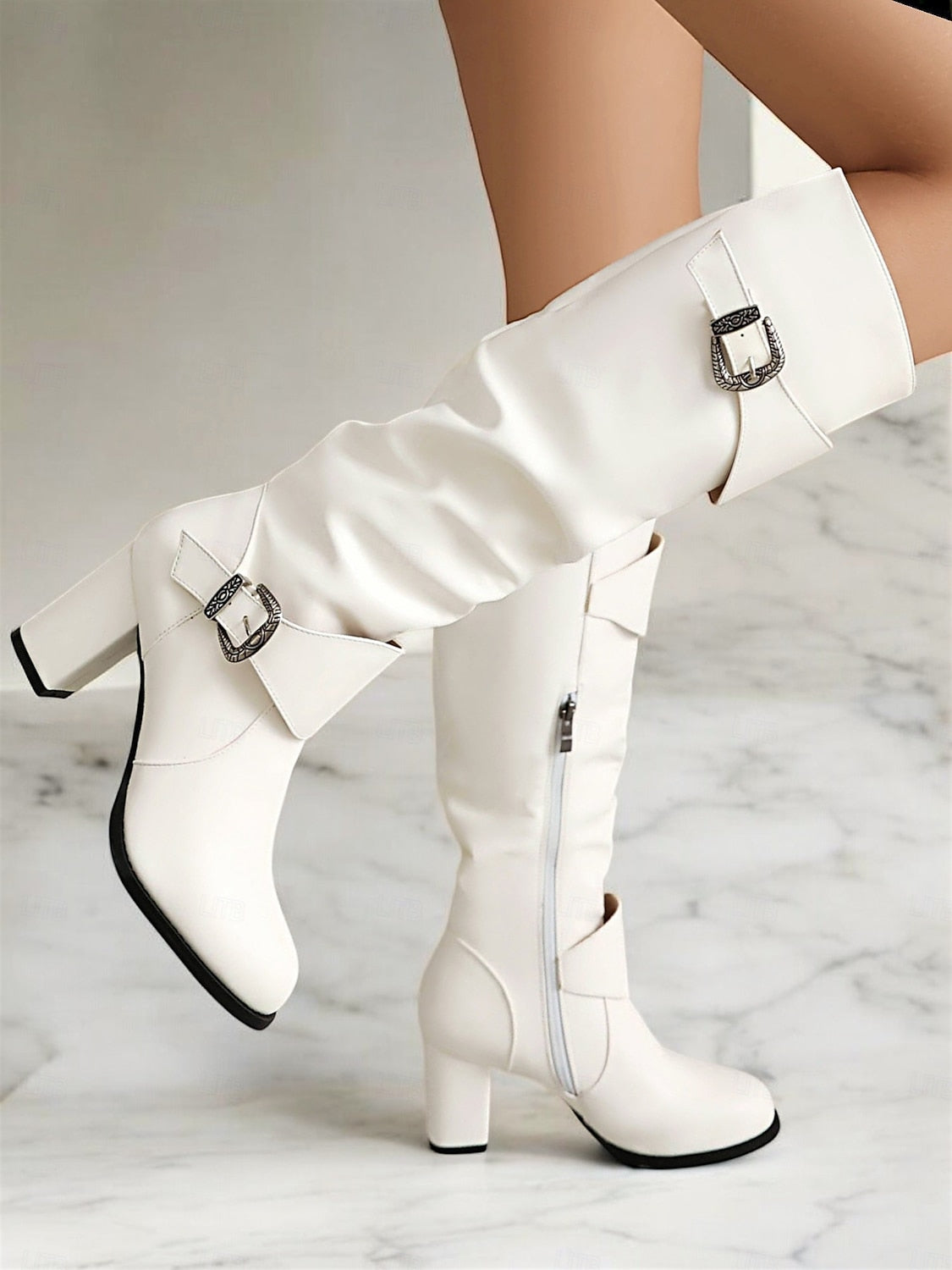 Women's Black Knee-High Chunky Heel Boots with Buckle Straps - Stylish Faux Leather Slouch Boots for Fall and Winter Casual Wear