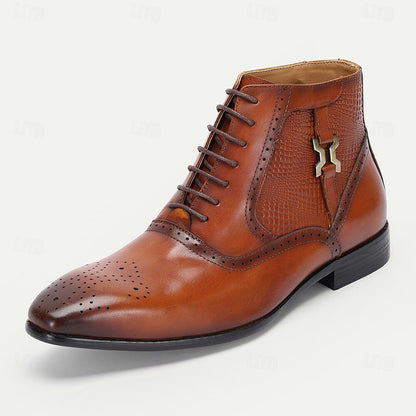 Men's Premium Cowhide Leather Ankle Boots Crocodile Embossed Lace-Up Dress Boots