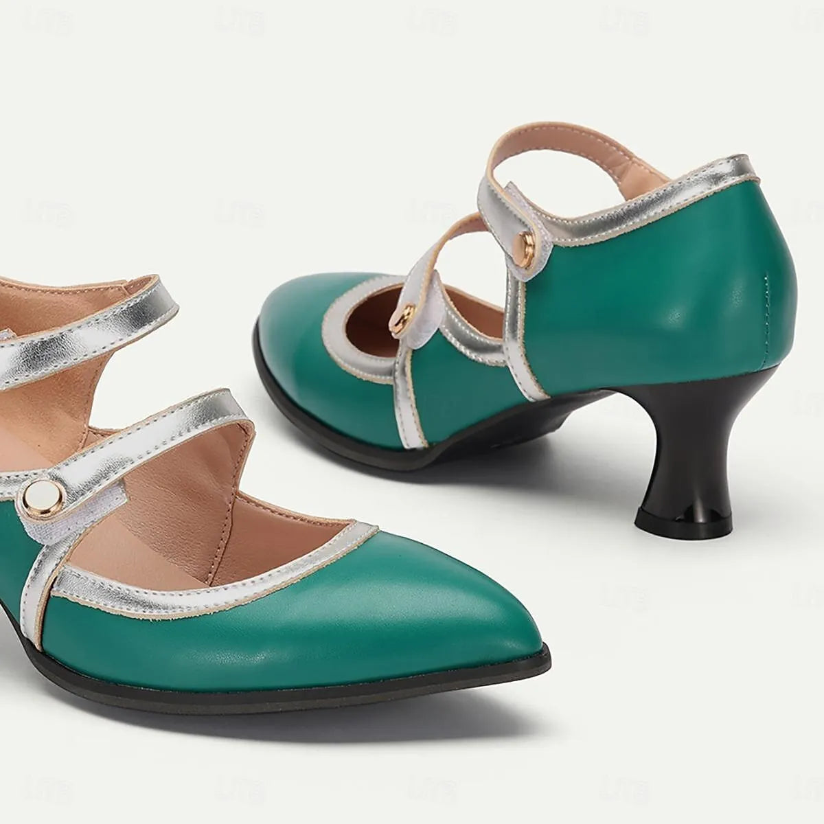 Women's Vintage Mary Jane Heels - Elegant Green and Silver Mid-Heel Dress Shoes with Double Straps for Parties and Formal Events - Tokiyos