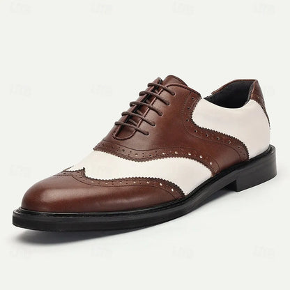 Men's Premium Cowhide Brown and White Wingtip Oxford Shoes with Perforated Detailing