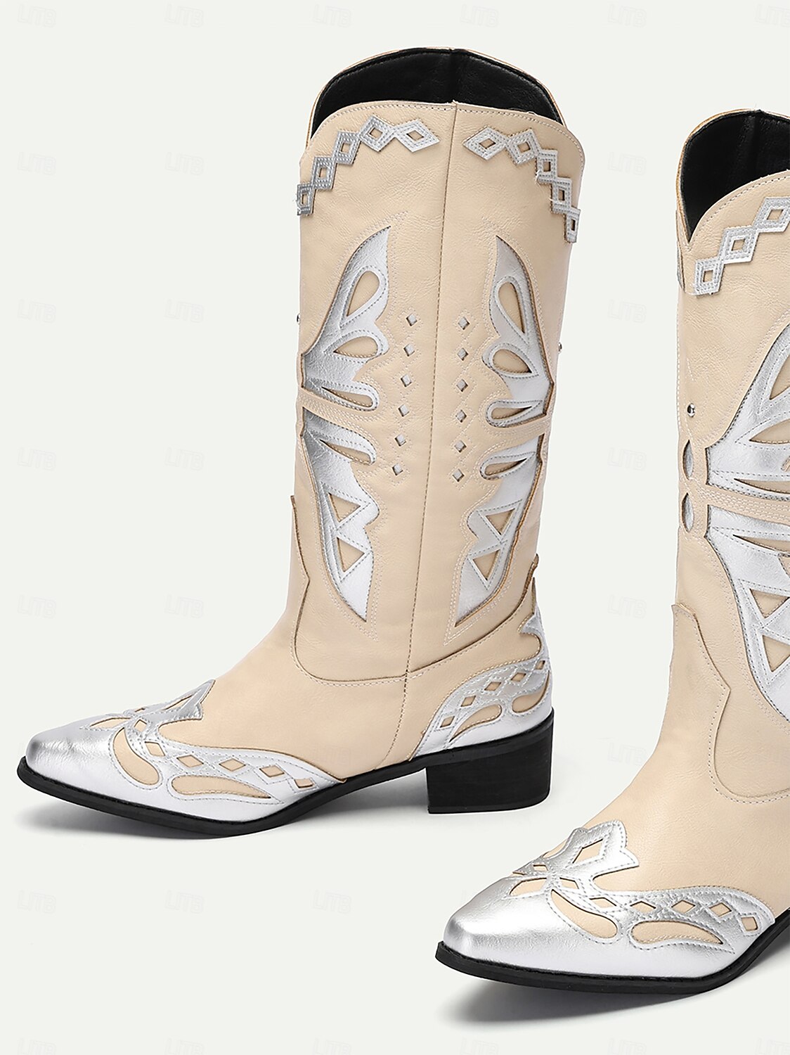 Women's Beige and Silver Western Cowboy Boots with Intricate Butterfly Design – Faux Leather Boots for Rodeo, Country, and Casual Wear