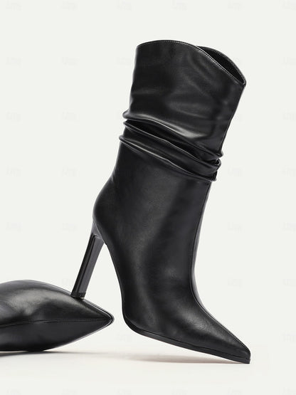 Women's Black Leather Mid Calf Boots with Stiletto Heels, Slouchy Design - Elegant and Stylish for Fall and Winter