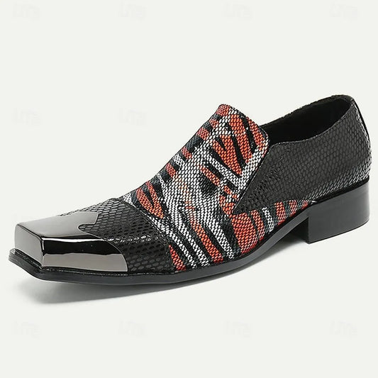 Men's Tiger Print Dress Shoes - Black and Orange Stylish Patent Leather Loafers - Tokiyos