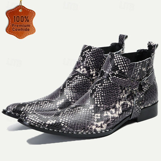 Men's Premium Cowhide Leather Ankle Boots with Snakeskin Pattern