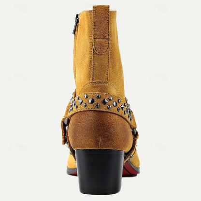 Men's Tan Suede Motorcycle Boots with Studded Strap and Zipper Closure - Stylish Western-Inspired Biker Boots