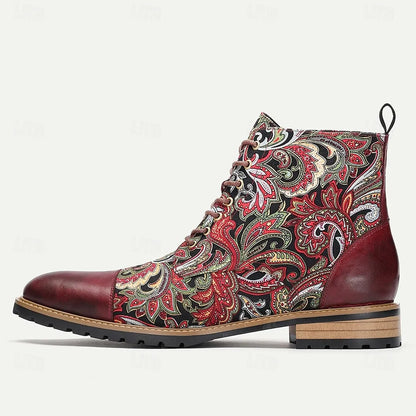 Men's Premium Leather Floral Oxford Boots Vintage Paisley Design