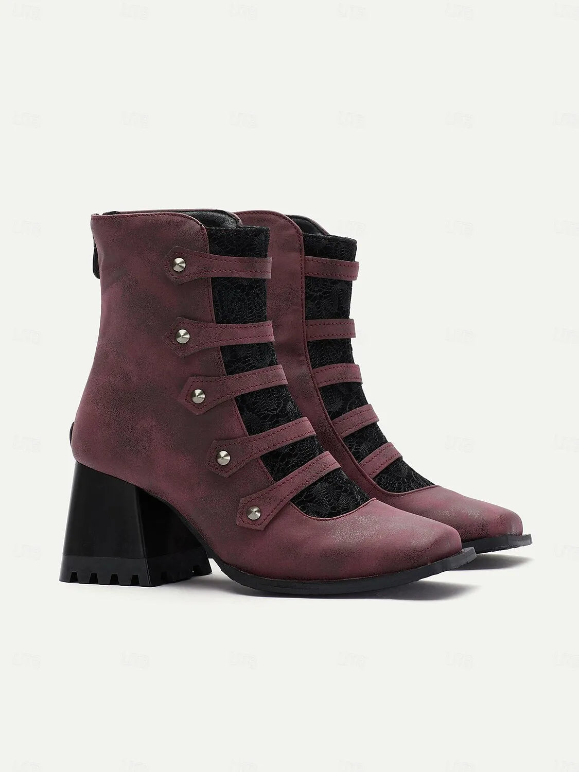 Women's Gothic Burgundy Ankle Boots with Straps and Lace Panel - Chunky Block Heel Retro Style Boots with Side Zipper