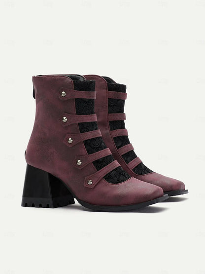 Women's Gothic Burgundy Ankle Boots with Straps and Lace Panel