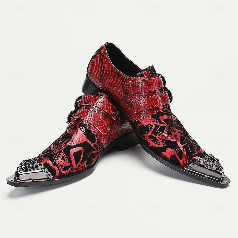 Men's Red Leather Dress Shoes with Graphic Print and Double Buckles - Bold Formal Footwear - Tokiyos