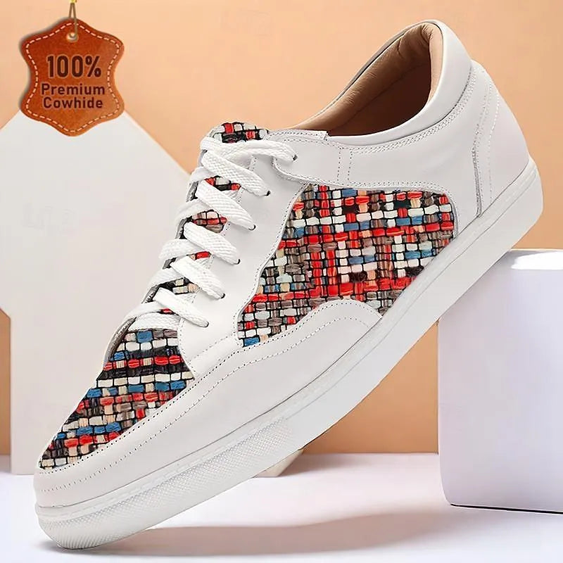 Men's White Leather Sneakers with Multicolor Woven Pattern - Stylish Casual Shoes - Tokiyos