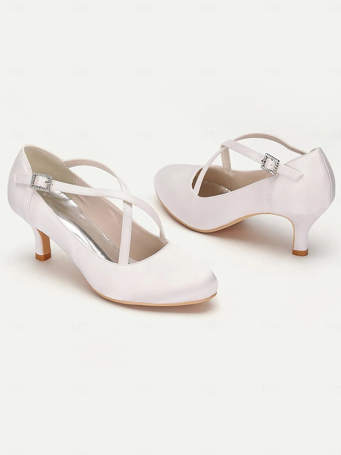 White Satin Cross-Strap Heels with Rhinestone Buckle – Elegant Women's Wedding Shoes for Brides and Formal Occasions