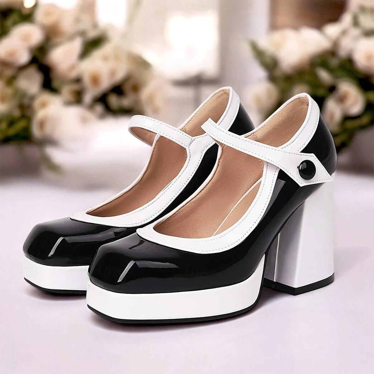 Black and White Platform Mary Jane Heels with Strap for Women - Tokiyos