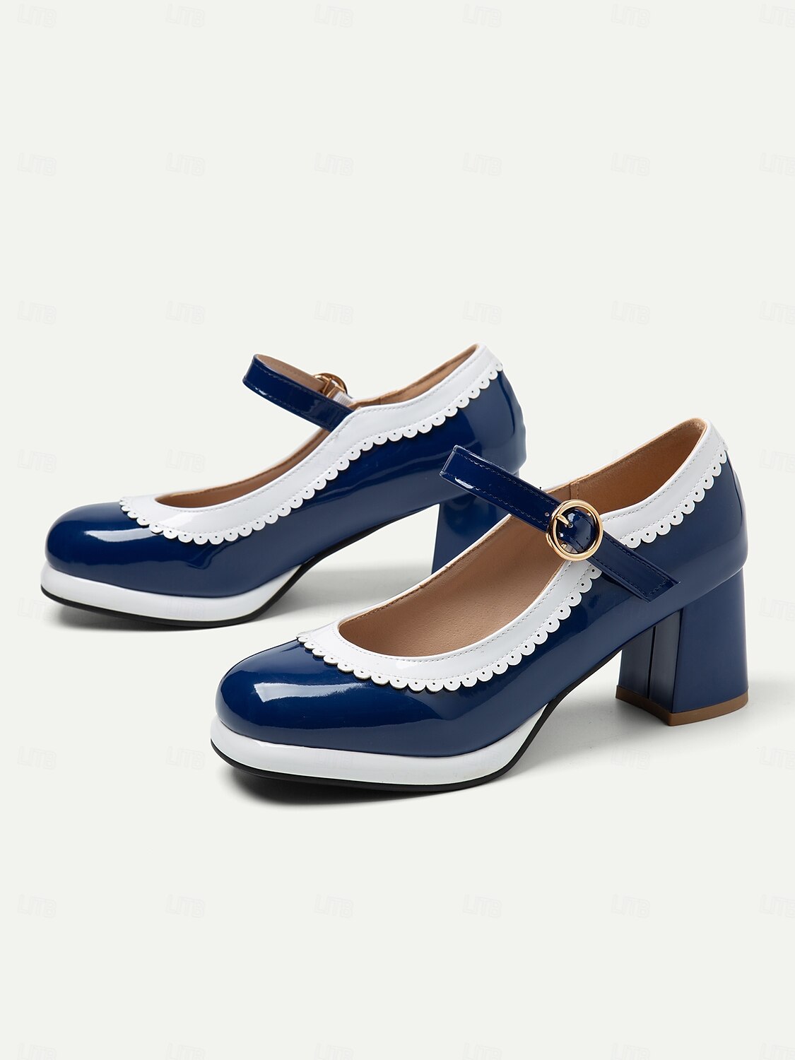 Women's Retro Blue and White Mary Jane Block Heels with Scalloped Trim – Vintage-Style Shoes for Cosplay, Parties, and Formal Occasions