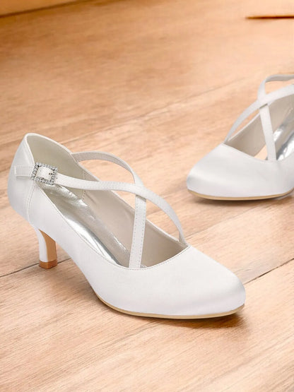 White Satin Cross-Strap Heels with Rhinestone Buckle – Elegant Women's Wedding Shoes for Brides and Formal Occasions