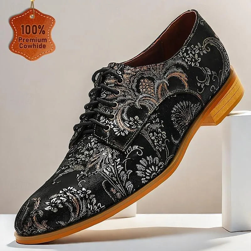 Men's Black Floral Brocade Oxfords: Classic Lace-Up Shoes with Luxurious Detailing - Tokiyos