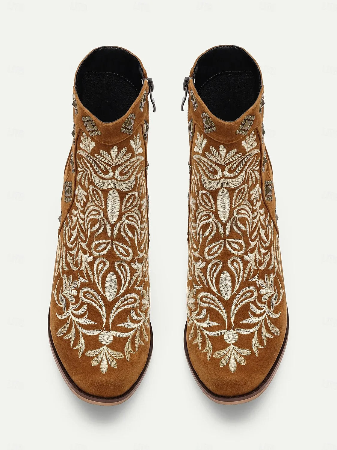 Women's Brown Embroidered Western Ankle Boots with Studded Details - Perfect for Casual Outings and Rodeo Events