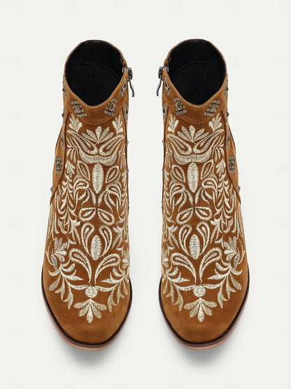 Women's Brown Embroidered Western Ankle Boots with Studded Details - Perfect for Casual Outings and Rodeo Events