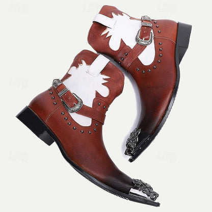 Men's Brown and White Premium Cowhide Motorcycle Boots with Western Style, Metal Dragon Toe Cap, and Buckle Strap - Ideal for Riding and Cowboy-Inspired Fashion