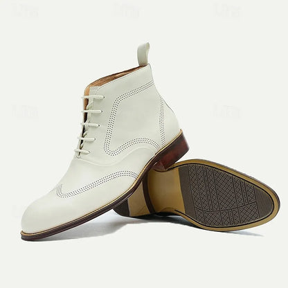 Men's Premium Cowhide White Oxford Boots Perforated Design