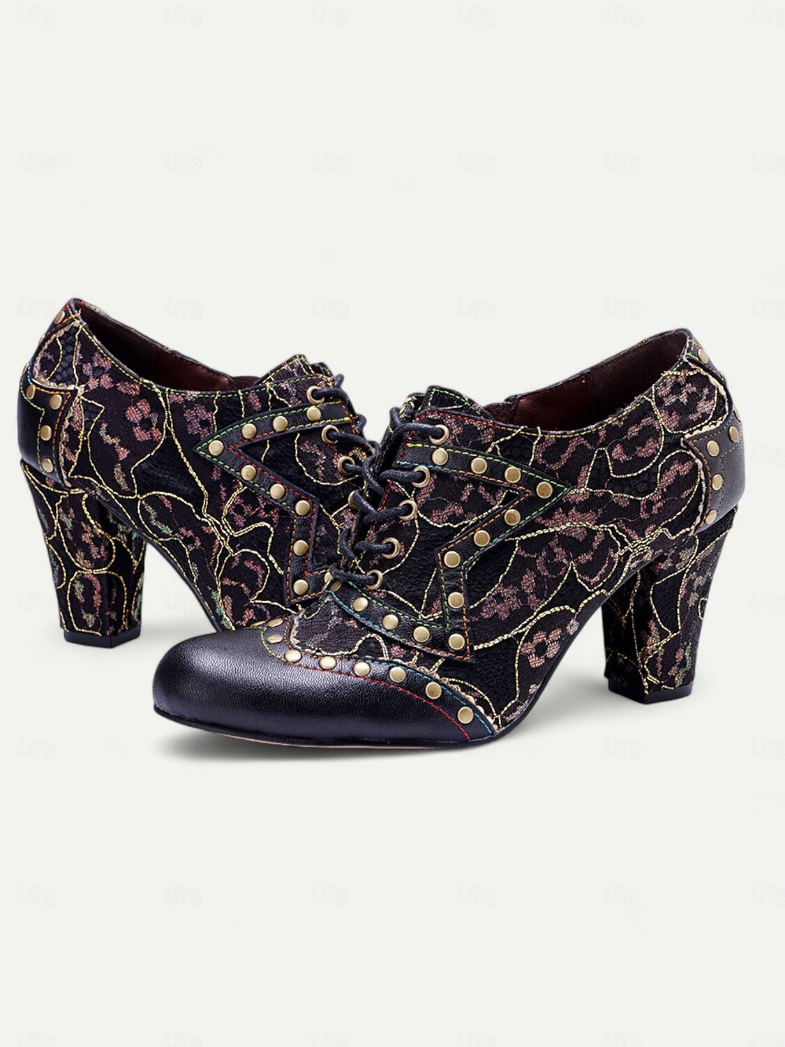 Women's Vintage Lace-Up Heeled Oxford Shoes-Floral Pattern with Studded Detailing for Retro and Steampunk Styles