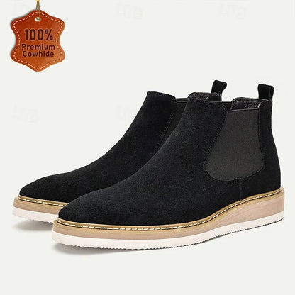 Men's Premium Cowhide Black Suede Chelsea Boots with Contrast Sole and Elastic Side Panels