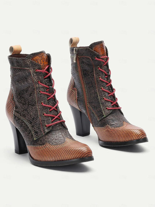 Vintage-Style Coffee Lace-Up Ankle Boots with Chunky Heels for Women