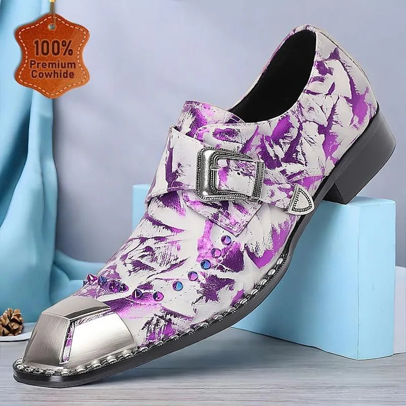 Men's Metallic Purple Printed Leather Shoes with Buckle and Spikes - Tokiyos