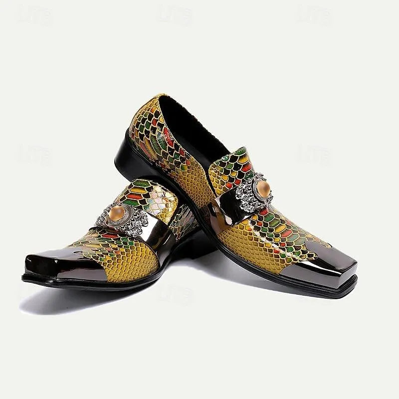 Men's Green and Gold Snakeskin Loafers with Jewel-Encrusted Buckle - Tokiyos