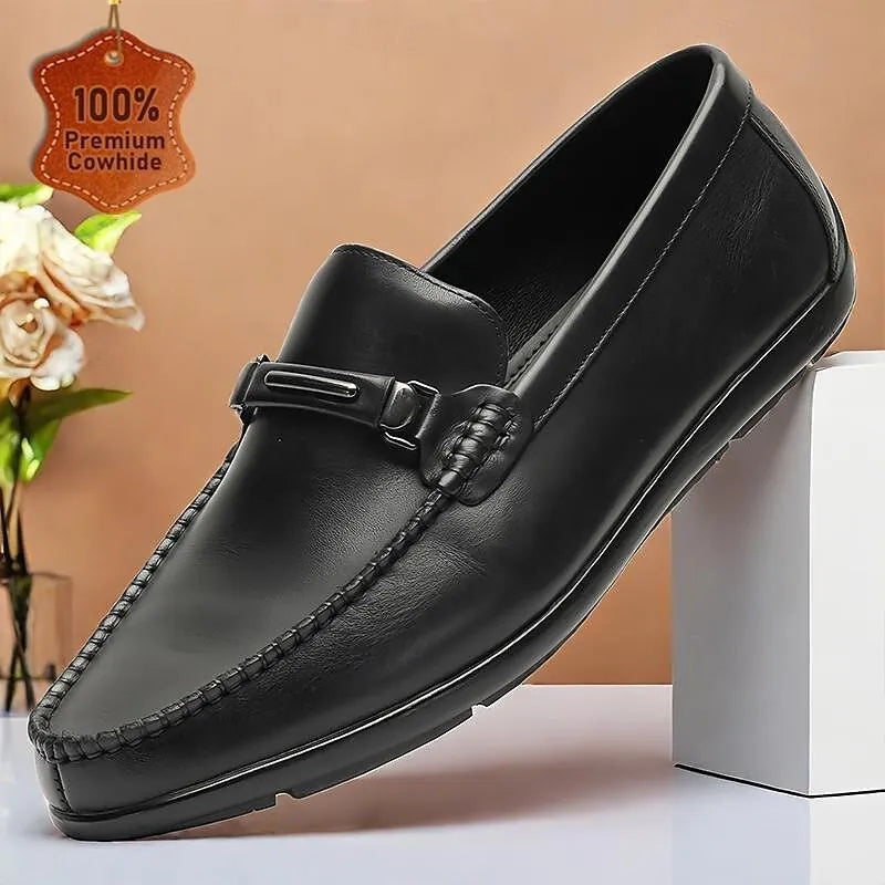 Men's Black Leather Loafers with Metal Buckle - Tokiyos