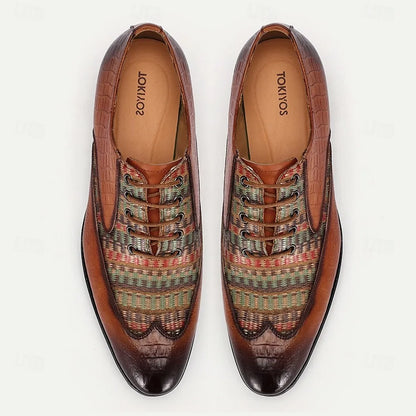 Men's Leather and Woven Pattern Oxford Shoes - Vintage Style with Crocodile Embossed Accents for Fashion-Forward Wear