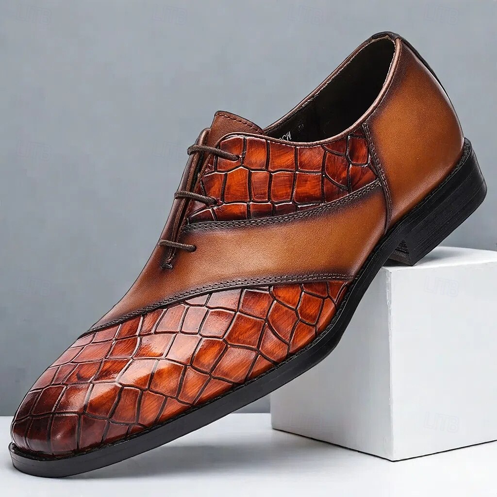 Men's Brown Crocodile Embossed Leather Oxford Shoes - Premium Cowhide Formal Lace-Up Shoes for Business and Special Events