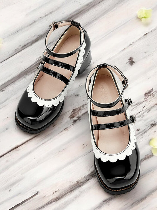 Women's Black and White Scalloped Mary Jane Block Heels