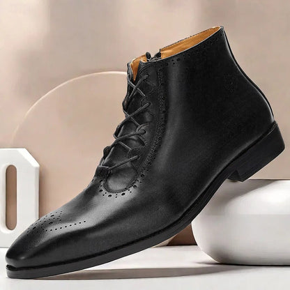 Men's Brown Lace-Up Ankle Boots with Brogue Detailing Premium Cowhide Leather