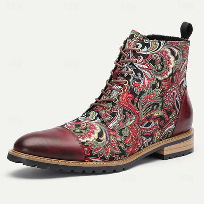 Men's Premium Leather Floral Oxford Boots Vintage Paisley Design