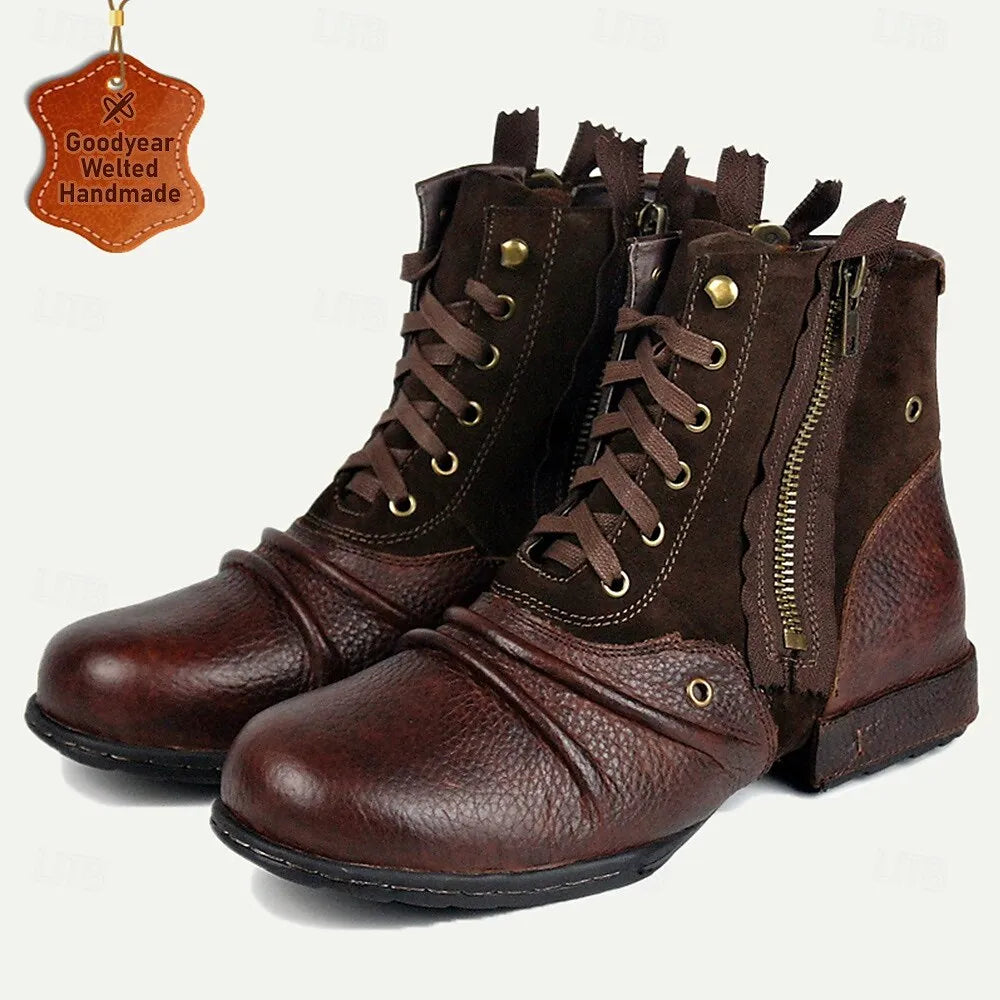 Men's Handmade Goodyear Welted Leather Lace-Up Boots with Dual Zippers and Textured Finish