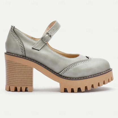 Chunky Platform Mary Jane Heels for Women - Gray Leather with Buckle Strap and Lug Sole - Tokiyos