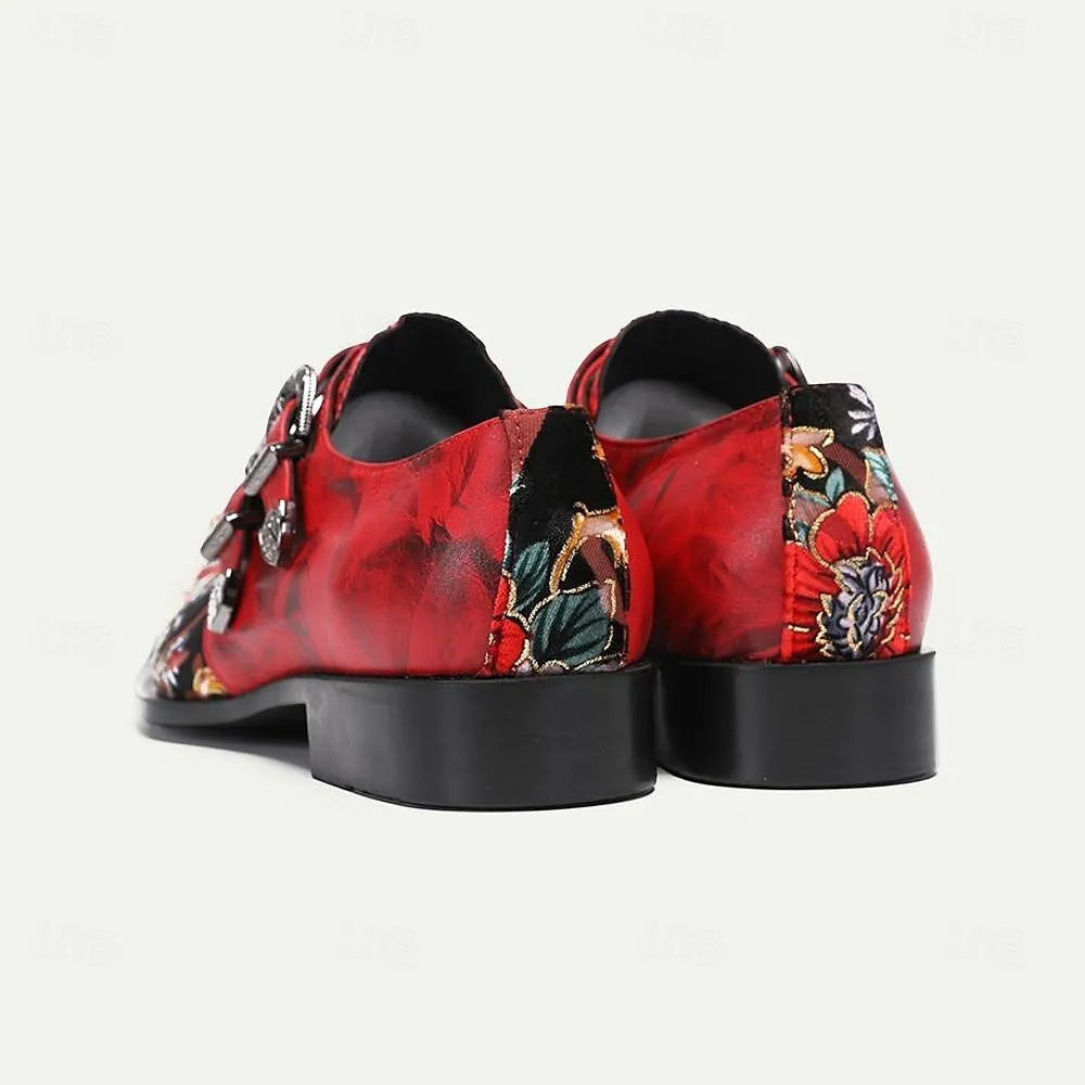 Men's Red Floral Embroidered Monk Strap Shoes Gold Lion Head Buckles - Tokiyos