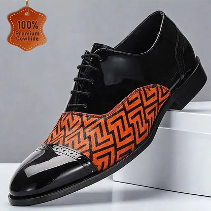 Men's Black Patent Leather Dress Shoes with Geometric Pattern - Stylish Oxford Shoes for Formal Events