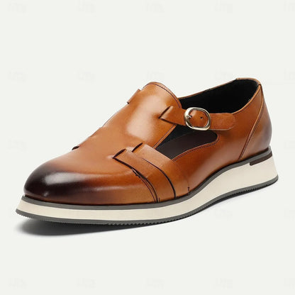 Men's Modern Brown Leather Monk Strap Shoes: Sleek Design with Contrast Sole - Tokiyos