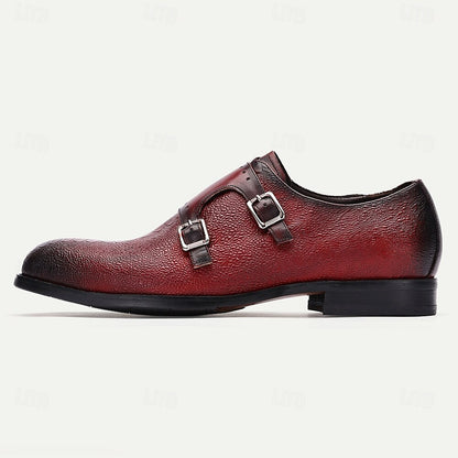 Men's Double Monk Strap Red Leather Oxford Shoes ¨C Premium Cowhide, Textured Design, Formal Dress Shoes for Business and Special Occasions