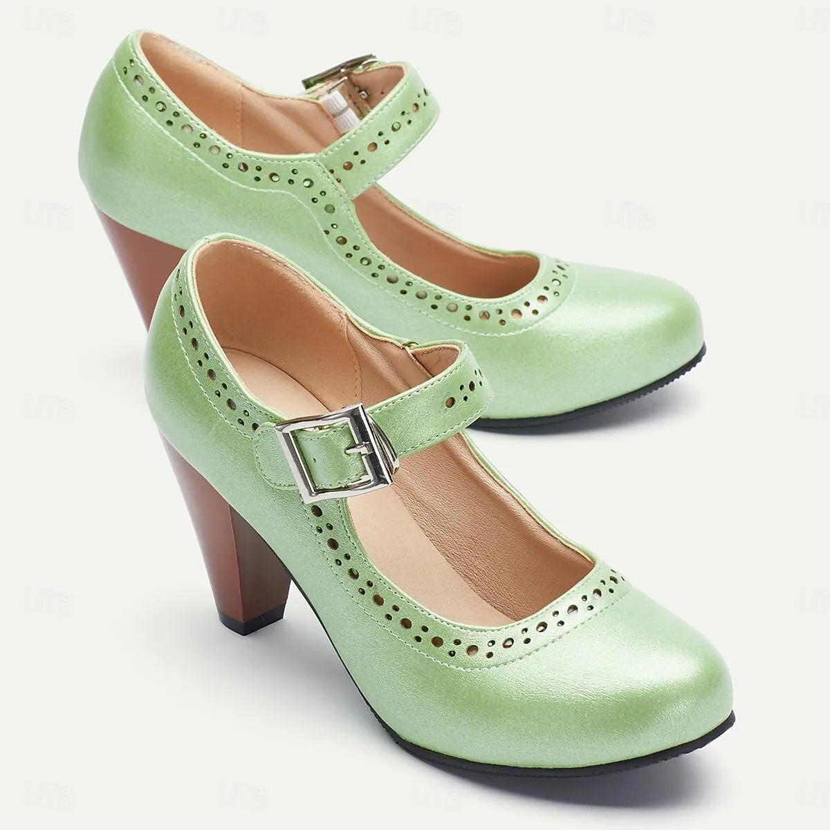 Retro Green Mary Jane Heels for Women - Perforated Design with Buckle Strap - Tokiyos