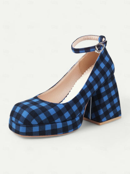 Women's Red Plaid Block Heel Mary Jane Shoes with Ankle Strap, Vintage Style