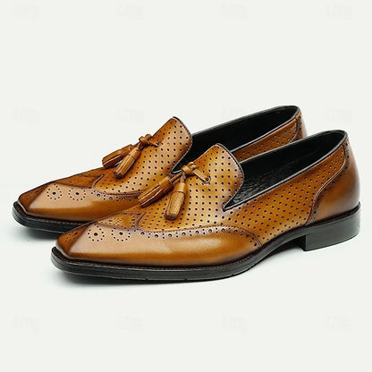 Men's Vintage Brown Leather Perforated Tassel Loafers - Tokiyos