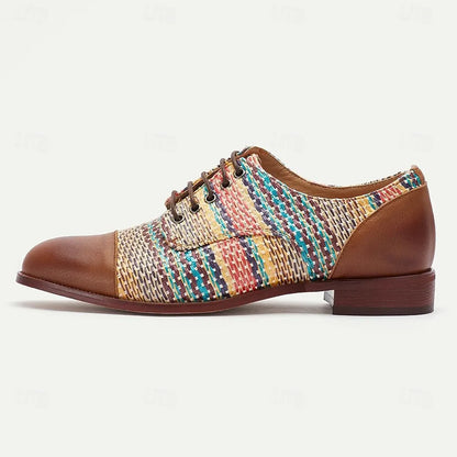 Men's Colorful Woven Leather Oxford Shoes - Breathable Brown Lace-Up Casual Footwear