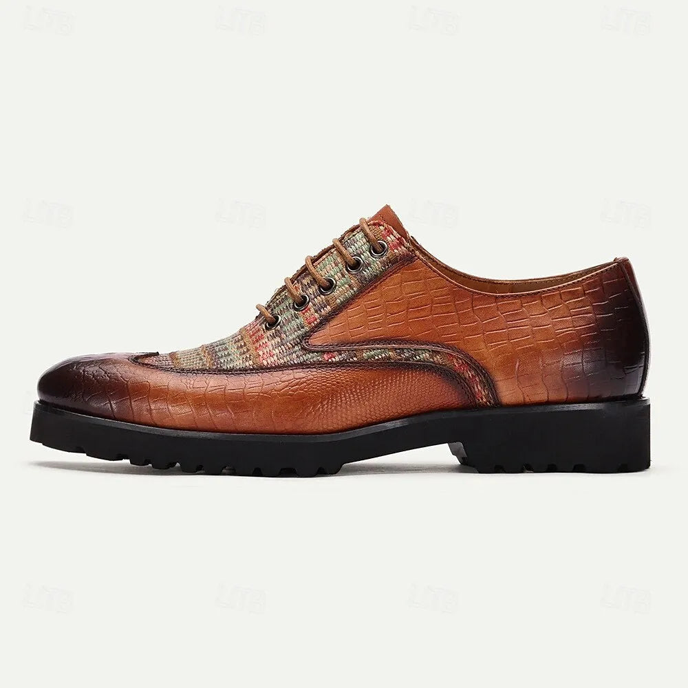 Men's Leather and Woven Pattern Oxford Shoes - Vintage Style with Crocodile Embossed Accents for Fashion-Forward Wear